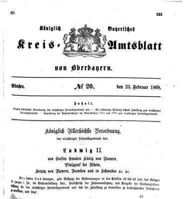 Königlich-bayerisches Kreis-Amtsblatt von Oberbayern (Münchner Intelligenzblatt) Sonntag 23. Februar 1868