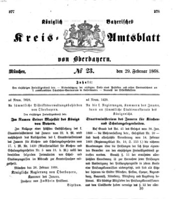 Königlich-bayerisches Kreis-Amtsblatt von Oberbayern (Münchner Intelligenzblatt) Samstag 29. Februar 1868