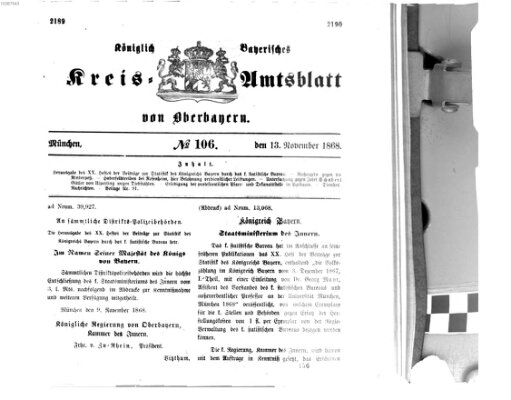 Königlich-bayerisches Kreis-Amtsblatt von Oberbayern (Münchner Intelligenzblatt) Freitag 13. November 1868