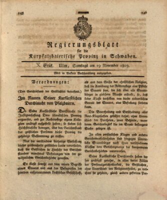 Regierungsblatt für die Kurpfalzbaierische Provinz in Schwaben Samstag 19. November 1803