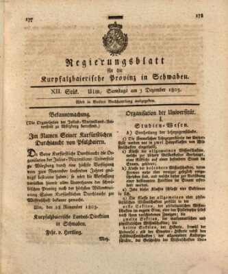 Regierungsblatt für die Kurpfalzbaierische Provinz in Schwaben Samstag 3. Dezember 1803