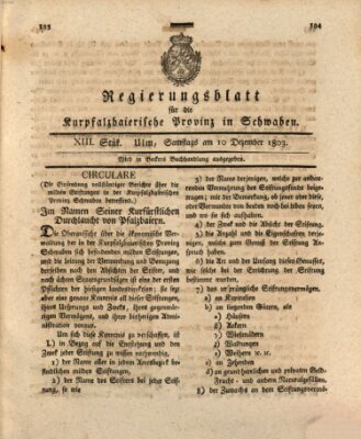 Regierungsblatt für die Kurpfalzbaierische Provinz in Schwaben Samstag 10. Dezember 1803