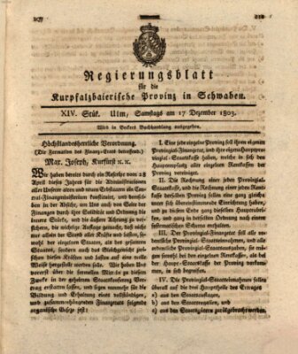 Regierungsblatt für die Kurpfalzbaierische Provinz in Schwaben Samstag 17. Dezember 1803