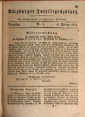 Würzburger Intelligenzblatt Donnerstag 18. Januar 1810