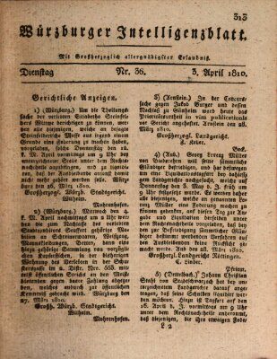 Würzburger Intelligenzblatt Dienstag 3. April 1810