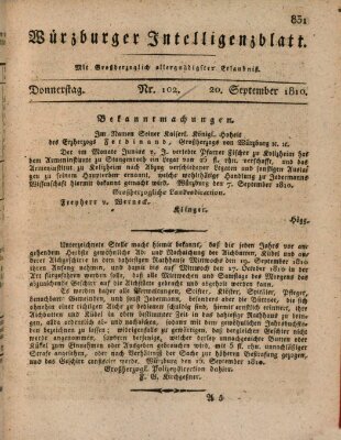 Würzburger Intelligenzblatt Donnerstag 20. September 1810