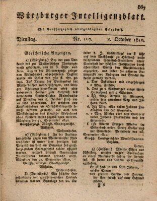 Würzburger Intelligenzblatt Dienstag 2. Oktober 1810