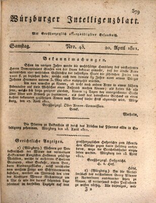 Würzburger Intelligenzblatt Samstag 20. April 1811