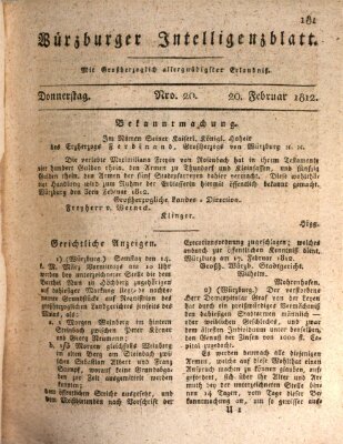 Würzburger Intelligenzblatt Donnerstag 20. Februar 1812