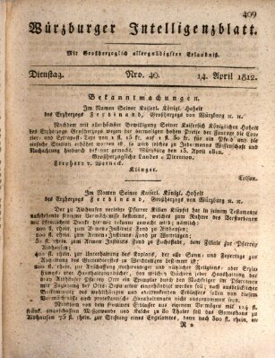 Würzburger Intelligenzblatt Dienstag 14. April 1812