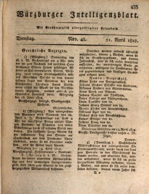 Würzburger Intelligenzblatt Dienstag 21. April 1812