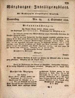 Würzburger Intelligenzblatt Donnerstag 3. September 1812