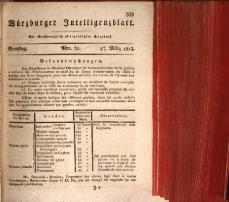 Würzburger Intelligenzblatt Samstag 27. März 1813