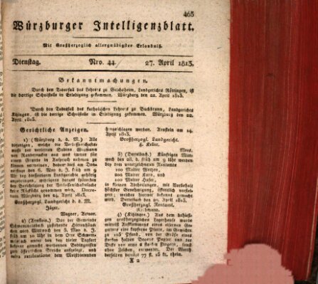 Würzburger Intelligenzblatt Dienstag 27. April 1813