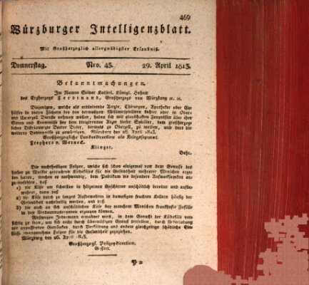 Würzburger Intelligenzblatt Donnerstag 29. April 1813