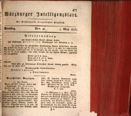 Würzburger Intelligenzblatt Samstag 1. Mai 1813