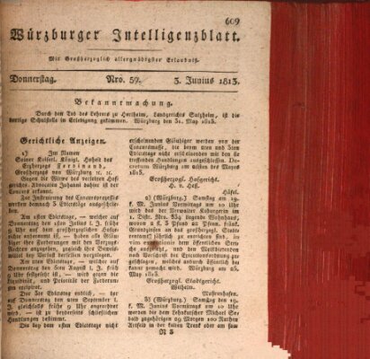 Würzburger Intelligenzblatt Donnerstag 3. Juni 1813