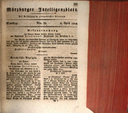 Würzburger Intelligenzblatt Samstag 2. April 1814