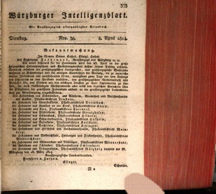 Würzburger Intelligenzblatt Dienstag 5. April 1814