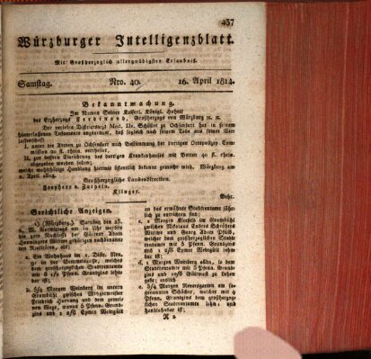 Würzburger Intelligenzblatt Samstag 16. April 1814