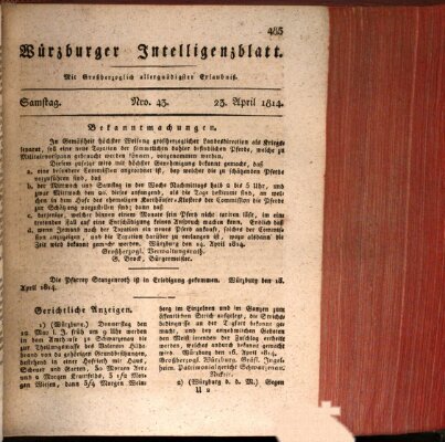 Würzburger Intelligenzblatt Samstag 23. April 1814