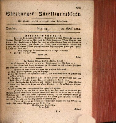 Würzburger Intelligenzblatt Dienstag 26. April 1814