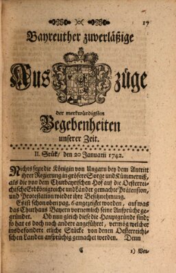 Bayreuther zuverläßige Auszüge derer merkwuerdigsten Begebenheiten unserer Zeit ... Samstag 20. Januar 1742