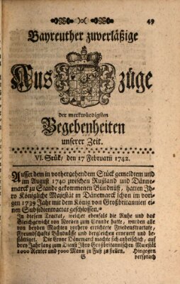 Bayreuther zuverläßige Auszüge derer merkwuerdigsten Begebenheiten unserer Zeit ... Samstag 17. Februar 1742