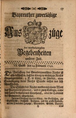 Bayreuther zuverläßige Auszüge derer merkwuerdigsten Begebenheiten unserer Zeit ... Samstag 24. Februar 1742