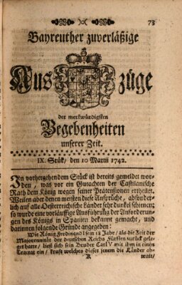 Bayreuther zuverläßige Auszüge derer merkwuerdigsten Begebenheiten unserer Zeit ... Samstag 10. März 1742