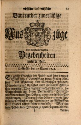 Bayreuther zuverläßige Auszüge derer merkwuerdigsten Begebenheiten unserer Zeit ... Samstag 17. März 1742