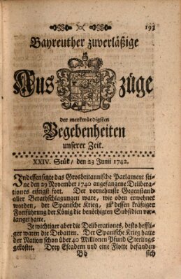 Bayreuther zuverläßige Auszüge derer merkwuerdigsten Begebenheiten unserer Zeit ... Samstag 23. Juni 1742