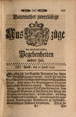 Bayreuther zuverläßige Auszüge derer merkwuerdigsten Begebenheiten unserer Zeit ... Samstag 30. Juni 1742