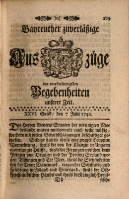 Bayreuther zuverläßige Auszüge derer merkwuerdigsten Begebenheiten unserer Zeit ... Samstag 7. Juli 1742