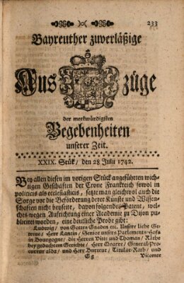 Bayreuther zuverläßige Auszüge derer merkwuerdigsten Begebenheiten unserer Zeit ... Samstag 28. Juli 1742