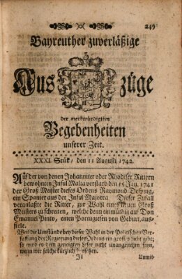 Bayreuther zuverläßige Auszüge derer merkwuerdigsten Begebenheiten unserer Zeit ... Samstag 11. August 1742