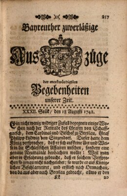 Bayreuther zuverläßige Auszüge derer merkwuerdigsten Begebenheiten unserer Zeit ... Samstag 18. August 1742