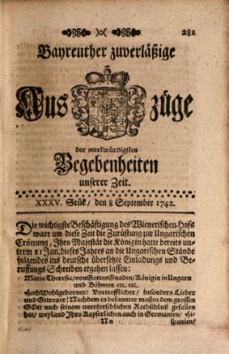 Bayreuther zuverläßige Auszüge derer merkwuerdigsten Begebenheiten unserer Zeit ... Samstag 8. September 1742