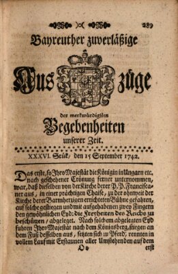 Bayreuther zuverläßige Auszüge derer merkwuerdigsten Begebenheiten unserer Zeit ... Samstag 15. September 1742