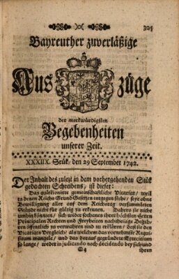 Bayreuther zuverläßige Auszüge derer merkwuerdigsten Begebenheiten unserer Zeit ... Samstag 29. September 1742