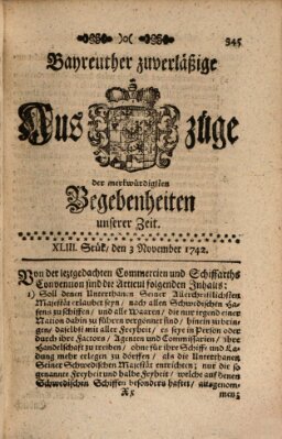 Bayreuther zuverläßige Auszüge derer merkwuerdigsten Begebenheiten unserer Zeit ... Samstag 3. November 1742