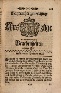 Bayreuther zuverläßige Auszüge derer merkwuerdigsten Begebenheiten unserer Zeit ... Samstag 22. Dezember 1742