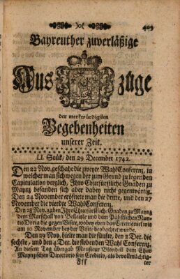 Bayreuther zuverläßige Auszüge derer merkwuerdigsten Begebenheiten unserer Zeit ... Samstag 29. Dezember 1742