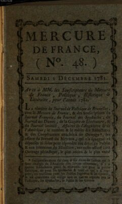 Mercure de France Samstag 1. Dezember 1781