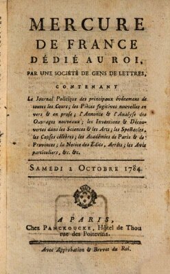 Mercure de France Samstag 2. Oktober 1784