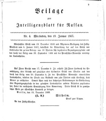 Intelligenzblatt für Nassau. Beilage zum Intelligenzblatt für Nassau (Herzoglich-nassauisches allgemeines Intelligenzblatt) Samstag 19. Januar 1867