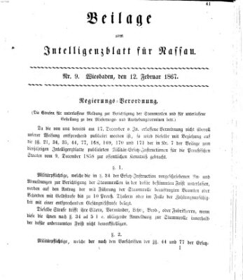 Intelligenzblatt für Nassau. Beilage zum Intelligenzblatt für Nassau (Herzoglich-nassauisches allgemeines Intelligenzblatt) Dienstag 12. Februar 1867