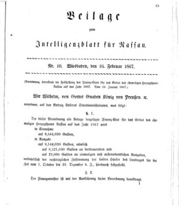 Intelligenzblatt für Nassau. Beilage zum Intelligenzblatt für Nassau (Herzoglich-nassauisches allgemeines Intelligenzblatt) Samstag 16. Februar 1867