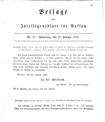 Intelligenzblatt für Nassau. Beilage zum Intelligenzblatt für Nassau (Herzoglich-nassauisches allgemeines Intelligenzblatt) Freitag 22. Februar 1867