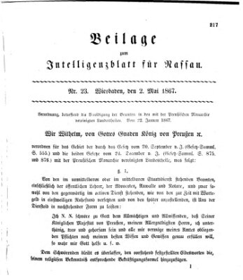 Intelligenzblatt für Nassau. Beilage zum Intelligenzblatt für Nassau (Herzoglich-nassauisches allgemeines Intelligenzblatt) Donnerstag 2. Mai 1867